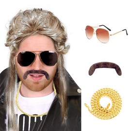 Afro Wig Men, Years Outfit Men, Hippie Costume da Uomo, 70s/80s Hippie Costume, Hippie Sunglasses, Disco Necklace, False Moustache for Men, Suitable for Theme Party (C)