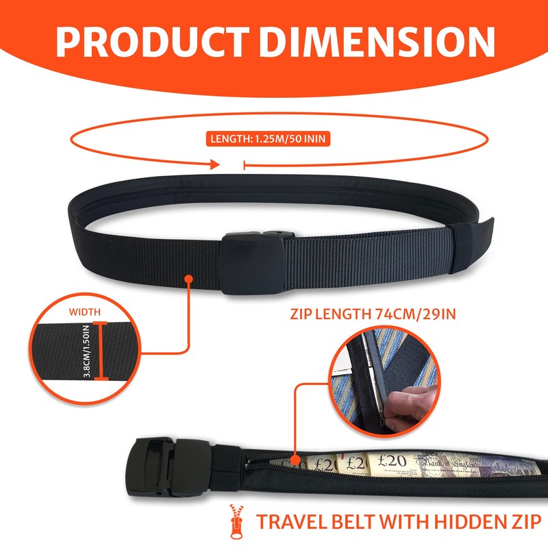 Secure Travel Money Belt with Hidden Security Zip for Money
