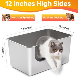 Yangbaga Odor Control Extra Large Stainless Steel Litter Box, Seamless Leak Proof 12 Inches High Sides for Urine & Litter Trapping, Easy Entry for Kittens, Older Cats,Non-Stick,Non-Slip,No Sharp Edges