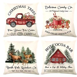 Christmas Throw Pillow Covers Set of 4, 18 x18 Inch Linen Christmas Pillows, Christmas Trees Red Truck Deer, with Hidden Zipper, for Couch Courtyard Car Winter Holiday Decor Gift