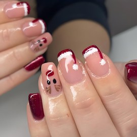 Christmas Cute Press on Nails Square Shape Fake Nails Elk Santa Hat Design Winter Glue on Nails Glossy Acrylic Nails Xmas False Nails Full Cover Stick on Nails Reusable Artificial Nails for Women
