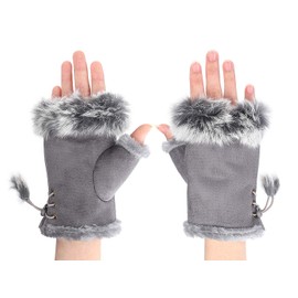 XINCHIA Women’s Winter Faux Fur Leather Half Finger Gloves Fashion Warm Fingerless Mittens Fleece Lined Warmer Wrist Gloves Touchscreen Thicken Mittens with Adjustable Elastic Band (Light grey)