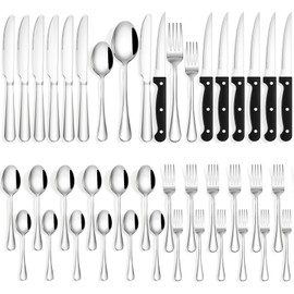 Quatish 36 Piece Silverware Set with Steak Knives, Cutlery Utensil Sets for 6, Food-Grade Stainless Steel Flatware Sets, Kitchen Utensils Set for Home Restaurant Hotel, Mirror Finished, Silver