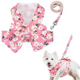 Dog Harness Vest Set for Small Girl Dogs with D-Ring Soft Comfortable Mesh Dog Harness Vest Pet Daisy Floral Bow Tie for Small Medium Large Dogs (Pink, M)