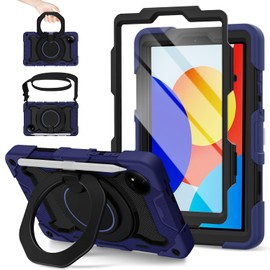 ROISKIN for Redmi Pad SE 8.7 inch Case 2024 with HD Screen Protector & Pencil Holder,Heavy Duty Shockproof Military Redmi Pad SE 8.7 Case,Shoulder Strap & Rotating Stand Case for Kids-Navy Blue