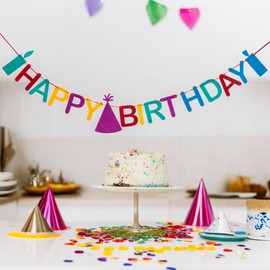 MIJOMA Felt Garland Happy Birthday - Colourful Rainbow Banner, 2.5 m Long, 16 cm High Letters, Felt Birthday Decoration, Ready to Hang