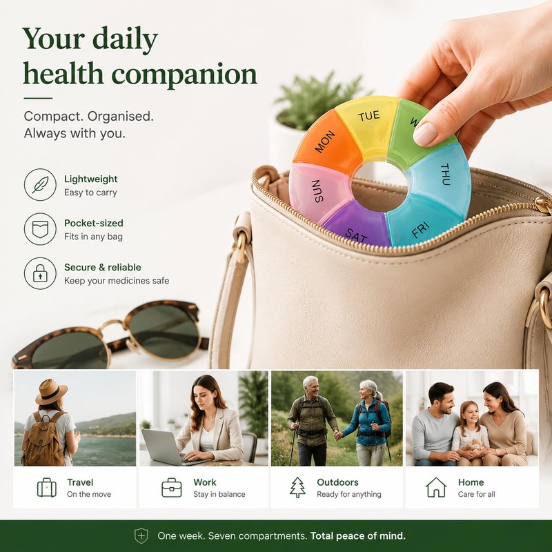 7 Day Pill Box Organiser Round Compact Travel Pill Box,