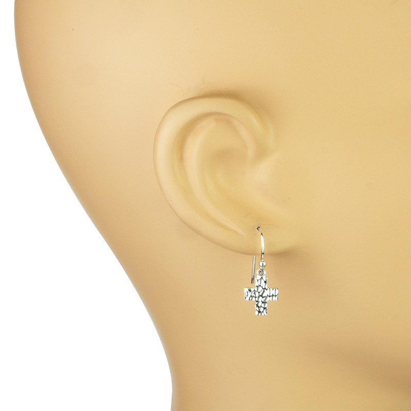 LaTisoro 925 Solid Sterling Silver Plain Hammered Dangling Cross Earrings–Tiny
