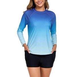 Halcurt Womens Rash Guard with Bra Modest Two Piece Swimsuits Long Sleeve Full Sleeves Ombre Blue L