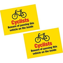 2 x Cyclist Beware of Passing on Inside Vinyl Sticker HGV Lorry Van 205x150mm