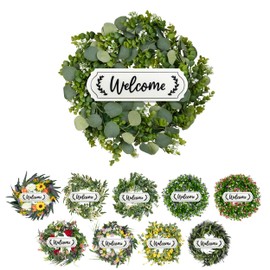Artificial Eucalyptus Leaf Welcome Wreath for Front Door - Faux 18 Inch Front Door Wreath with White Welcome Sign for Front Door, Outside Wall, Window, Outdoor Party, Holidays