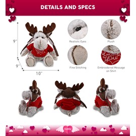 DolliBu I Love You Valentine Plush Moose with Clothes - Cute Soft Cuddly Stuffed Animal with Red Heart Shirt for Valentines Day, Birthday Present, Anniversary, Romantic Date - 9 Inches