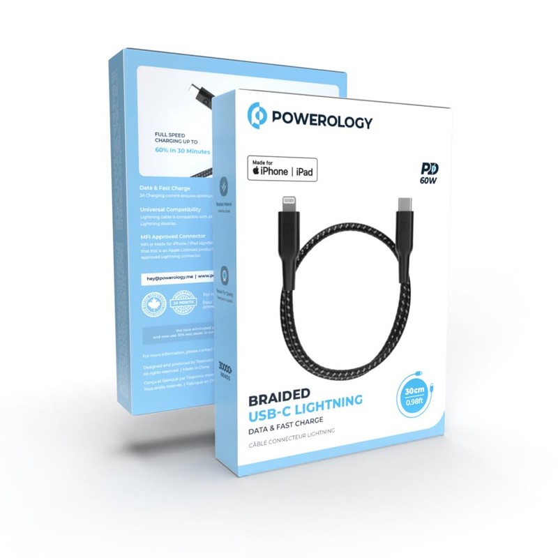 Powerology MFI Braided Type-C toh Lightning Head Cable 30CM -