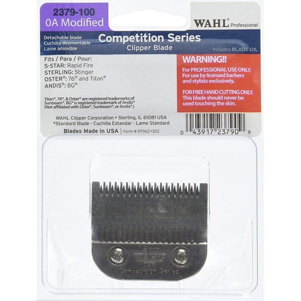 Wahl Professional Competition Series 0A Modified Clipper Blade - 2379-100 - Fits 5 Star Rapid Fire, Sterling Stinger, Oster 76 and Titan, and Andis BG Clippers.