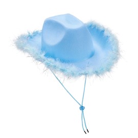 Women Western Retro Feather Wide Brim Felt Cowboy Hat for Party Costume Fancy Dress A-Blue One Size