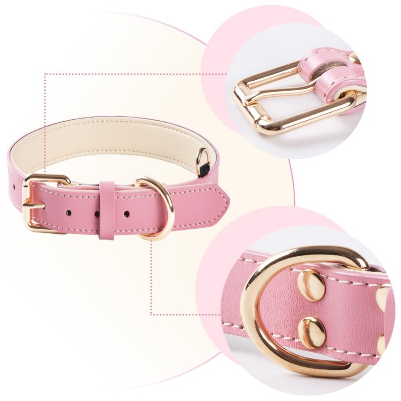 Pink Leather Dog Collar，Padded Collars, Adjustable Soft Strong Design for