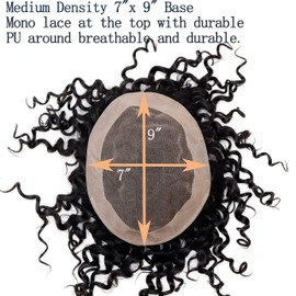 Civmo Curly Fine Mono Human Hair Mens Toupee Hairpiece Poly Skin Around Hair System NPU Monofilament Wig Hair Toupees for Men 7X9 INCH 1B Black Color