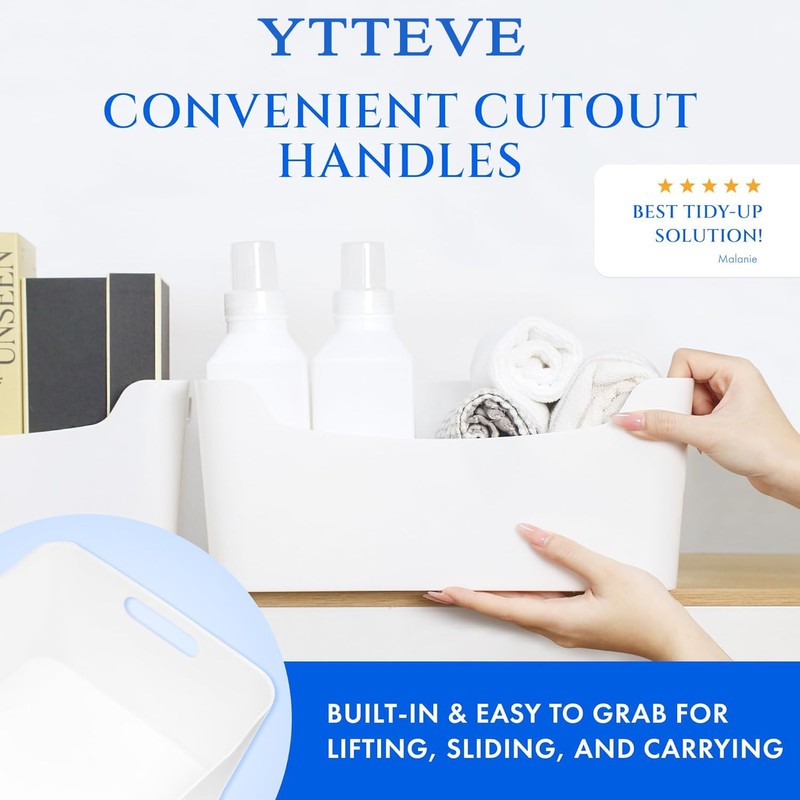 Small- 8 Pack White Plastic Storage Bins for Shelves, Closet
