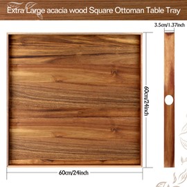 RattanView 24 Inch Extra Large Square Ottoman Table Tray with Handles Large Acacia Wood Serving Decorative Ottoman Wood Tray for Kitchen Coffee Sofa Table Organizer Storage Topper