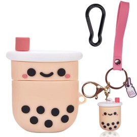 Cute Airpods Case Cover with Keychain, Girly Pink Boba Milk Tea Silicone Protective Shockproof Compatible with AirPods 1 & 2 Charging Case for Girls (Airpods 1/2)