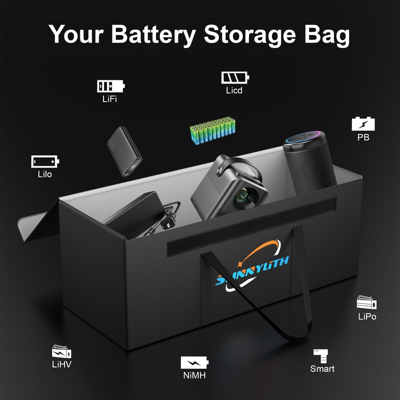 SunnyLith 12V 200Ah LiFePO4 Lithium Battery Fireproof Safe Bag, Large
