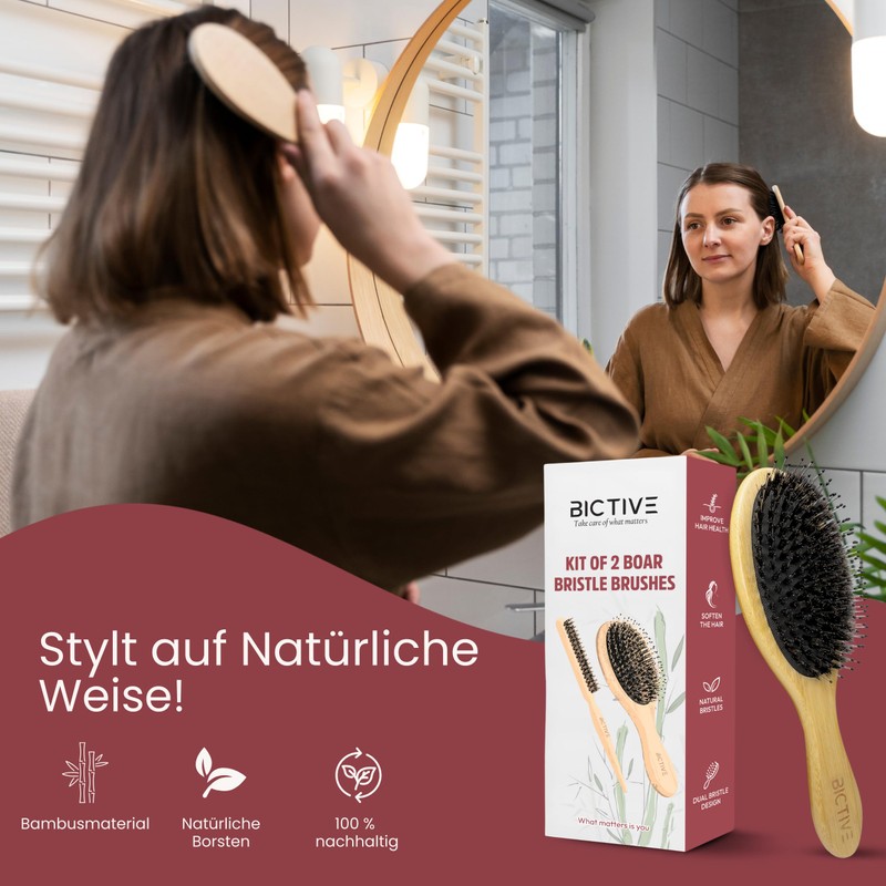 BICTIVE® Set von 2 Wildschweinborsten Bürsten mit Toupierkamm. Naturhaarbürste, Sleek