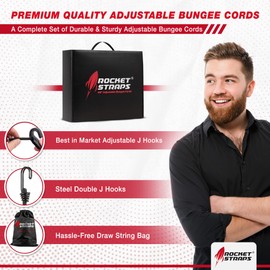 Rocket Straps - Ultimate Adjustable Outdoor Bungee Cord Assortment - Heavy Duty Set of 20 Bungee Cords (48") Double-J Hooks - Elastic Straps for Camping, Securing, and DIY Multipurpose