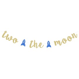 Gold Glittery Two The Moon Banner for Second Birthday Party Garland Photo Props Kid¡®s Aerospace Theme 2nd Birthday Decorations - with Two Blue Rocket Signs