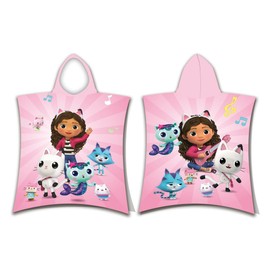 Jerry Fabrics Gabby's Dollhouse Hooded Poncho Towel for Kids 100% Cotton 115 x 50 cm | Beach Bath Hooded Poncho Towel Pandy Paw Mercat Cakey Cat Fairy Gift for Girls Boys Toddlers