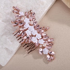 Teyglen Flower Rhinestone Wedding Hair Comb Floral Crystal Hair Piece Pink Crystal Hair Side Comb Flower Bridal Headpiece Hair Accessories for Women (Pink)