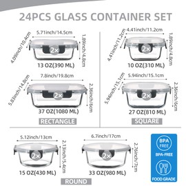 UMEIED 12 PACK Glass Food Storage Containers with Leak Proof Lids, Glass Airtight Meal Prep Containers Set for Lunch, On the Go, Leftover, Kitchen Pantry Organizers and Storage (Grey)