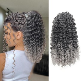 XSASLYET 14 Inch Drawstring Ponytail Extension for Black Women, Curly Long Hair Ponytail, Natural Black Pony Tails Hair Extensions with Secure Fit for Easy Daily Wear (T/Grey)