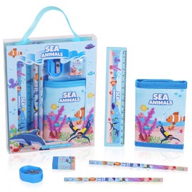 Vicloon Aquatic Creatures Stationery Set, Stationery Gift Set, Eraser, Sharpener, Wallet, Ruler, Pencil, Children's Party Bag, Gift Set for Girls and Boys (Aquatic Creatures)