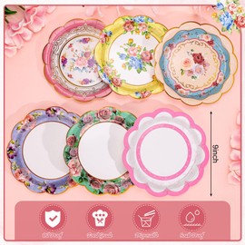 48 Pcs Floral Paper Plates, 9 inch Disposable Floral Tea Party Plates Vintage Decorative Paper Plates for Tea Party Decoration Mother's Day Birthday Baby Shower Wedding