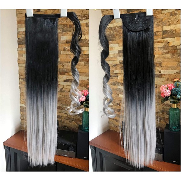 20" 22" Long One Piece Straight Curly Wavy Clip in Wrap around Ombre Ponytail Hairpieces (22" Straight-Natural black/grey)