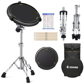 Donner Drum Practice Kit - Snare Stand + 12'' Marching Pad, Drumsticks, Backpack - Fits 10''-14'' Drums (Black)