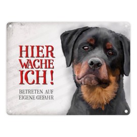 Metal Sign with Rottweiler Motif and Saying "Betreten auf eigene Gefahr - Hier wache ich!"