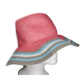 PINK Magid Women's Paper Straw Packable Crushable Beach Sun Hat, Pink / Blue stripe