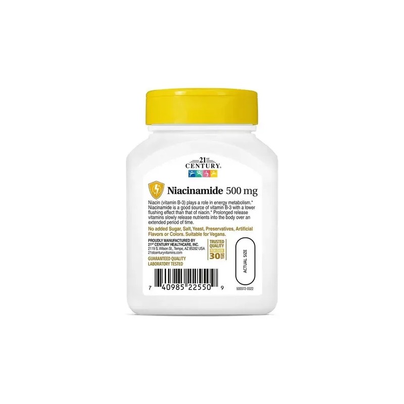 21st Century, Niacinamida 500mg, Vitamina B3, 110 Cápsulas Sabor Sin