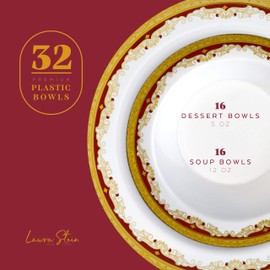 Laura Stein Designer Dinnerware Set | 32 Disposable Plastic Party Bowls | White Wedding Bowl with Burgundy Rim & Gold Accents | Set Includes 16 x 12 oz Soup Bowls + 16 x 5 oz Dessert Bowls | Vintage