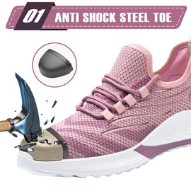 Asiman Steel Toe Shoes for Women Lightweight Breathable Safety Shoes for Men Construction Non Slip Composite Toe （Pink,W-7/M-5）