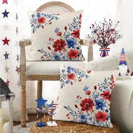 RABUSOFA 4th of July Memorial Day Patriotic Throw Pillow Cover,18x18 Inch Red White and Blue Flowers Independence Day American Fourth of July Decoration for Sofa Couch Set of 2