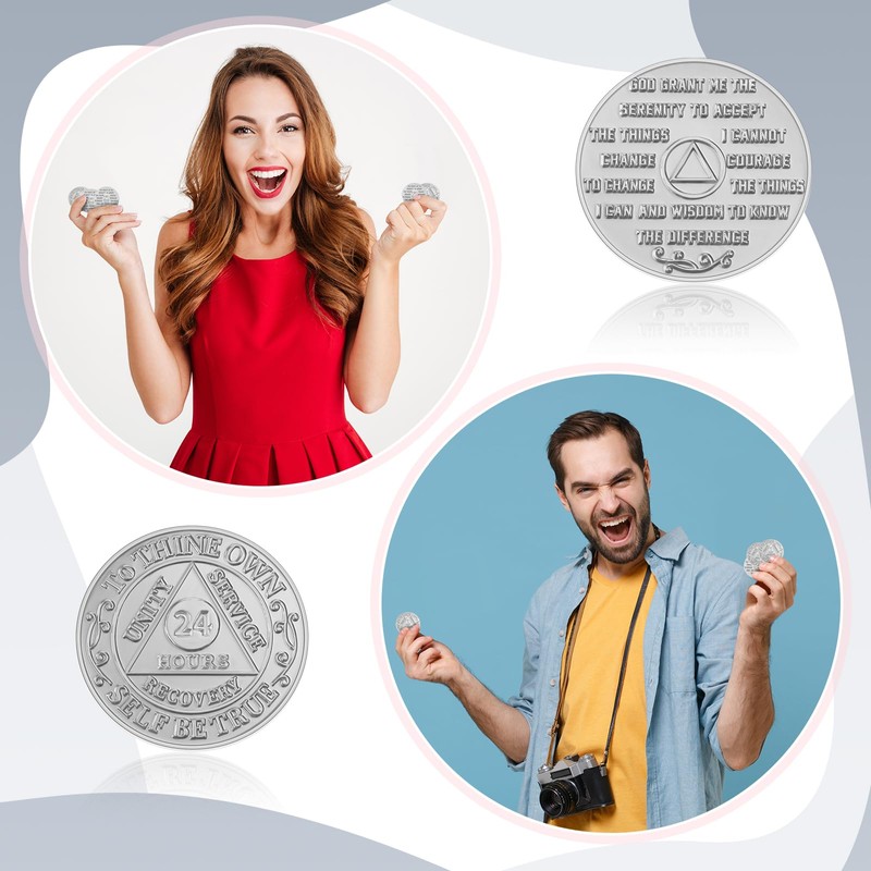 100 Pcs Recovery AA Chips and Medallions Bulk,Silver,24 Hours