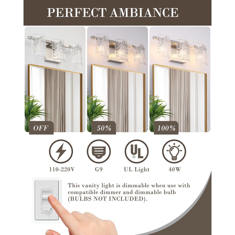 Osimir 3-Light Bathroom Vanity Light, Brushed Nickel Bathroom Light Fixture