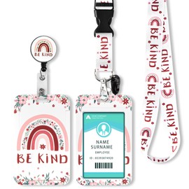 Hinsly Be Kind ID Badge Holder with Lanyard, Retractable Badge Holders Reels with Lanyards Adjustable, for Women Kids Teacher Nurses Doctor Student, Flower Rainbow