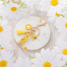 MWOOT Letter Keychain Initial Keyring Letter, Alphabet Resin Flower Key Chain with Daisy Bee Tassel Pendant Handbag Purse Charm, Yellow Petal Keyring for Women, Yellow-L