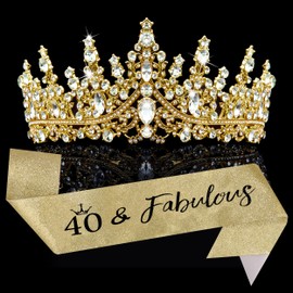 COCIDE 40th Birthday Sash for Women + 40th Crown for Women + Pearl Pin - 40 & Fabulous Sashes Tiara Hair Accessories Gifts Party Decorations & Favors (40th Sash&Tiara&Pin, Gold, One Size)