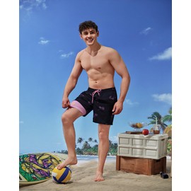 SURF CUZ Mens Swim Trunks with Compression Liner Quick Dry Swim Shorts 7" Swimming Trunks Stretch Zipper Pockets Black Palm Tree X-Large