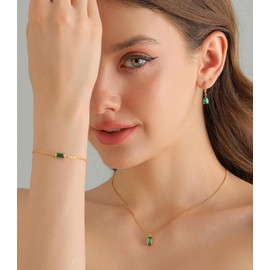SIQWE Birthstone 14K Gold Plated Bracelets Earrings Necklaces Jewelry Set， Blue Green May Cubic Zirconia，Friendship Bracelets Jewelry Gifts for Mom Best Friend Birthday