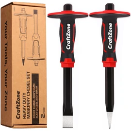 Masonry Chisel Set - 2-Piece Heavy Duty Pointed & Flat Rock Chisels 300x19mm | 40CR Steel Heat-Treated for Brick Concrete Stone - Demolition & Construction Tools